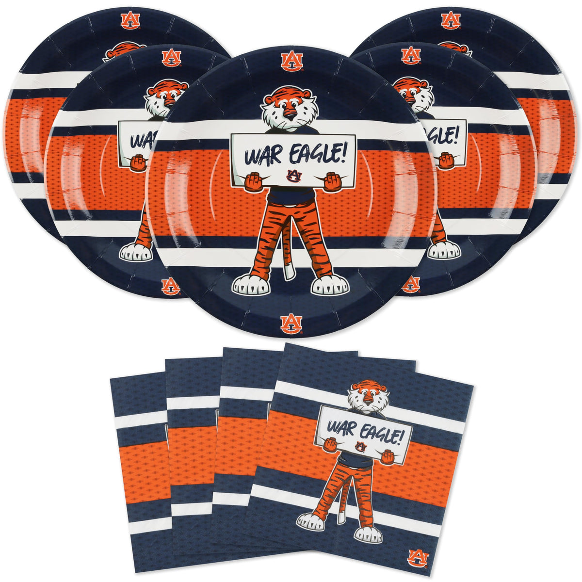 Havercamp Auburn plates with Aubie, ideal for easy, crowd-friendly party meals.