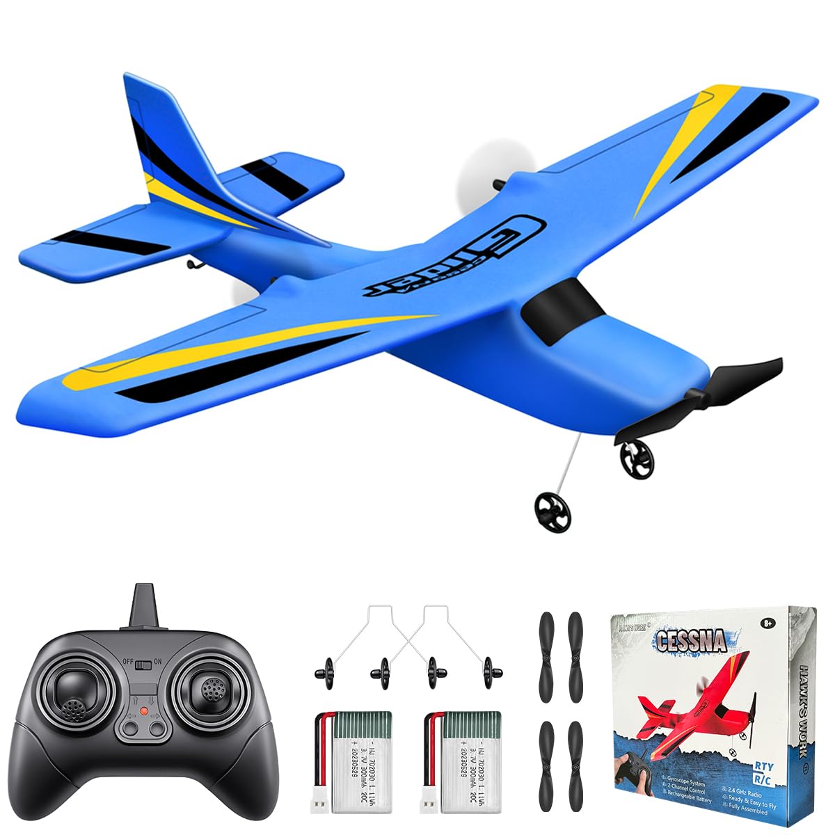 HAWK'S WORK 2-channel RC airplane blue ready to fly for beginners.