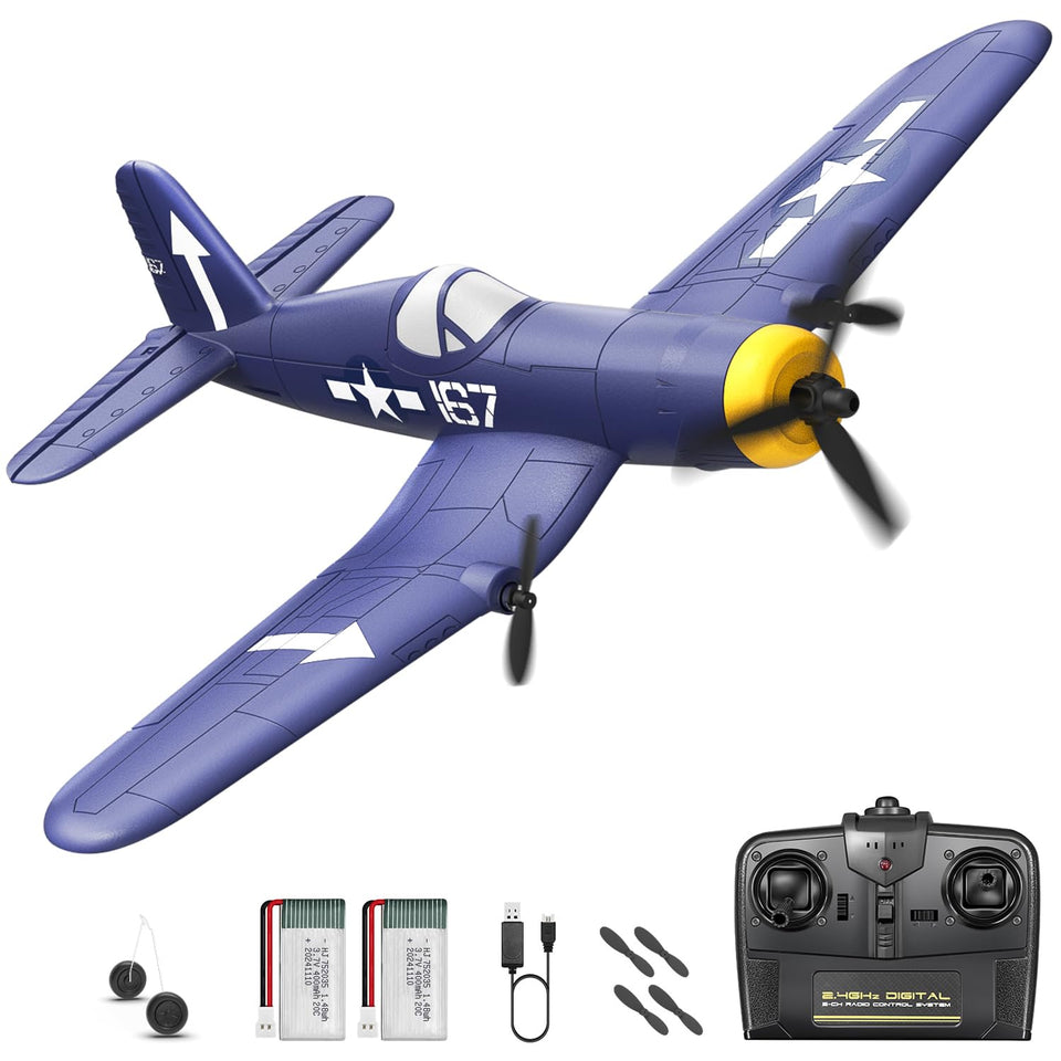HAWK'S WORK 3-channel RC plane F4U Corsair front view, beginner-friendly stability for learning.