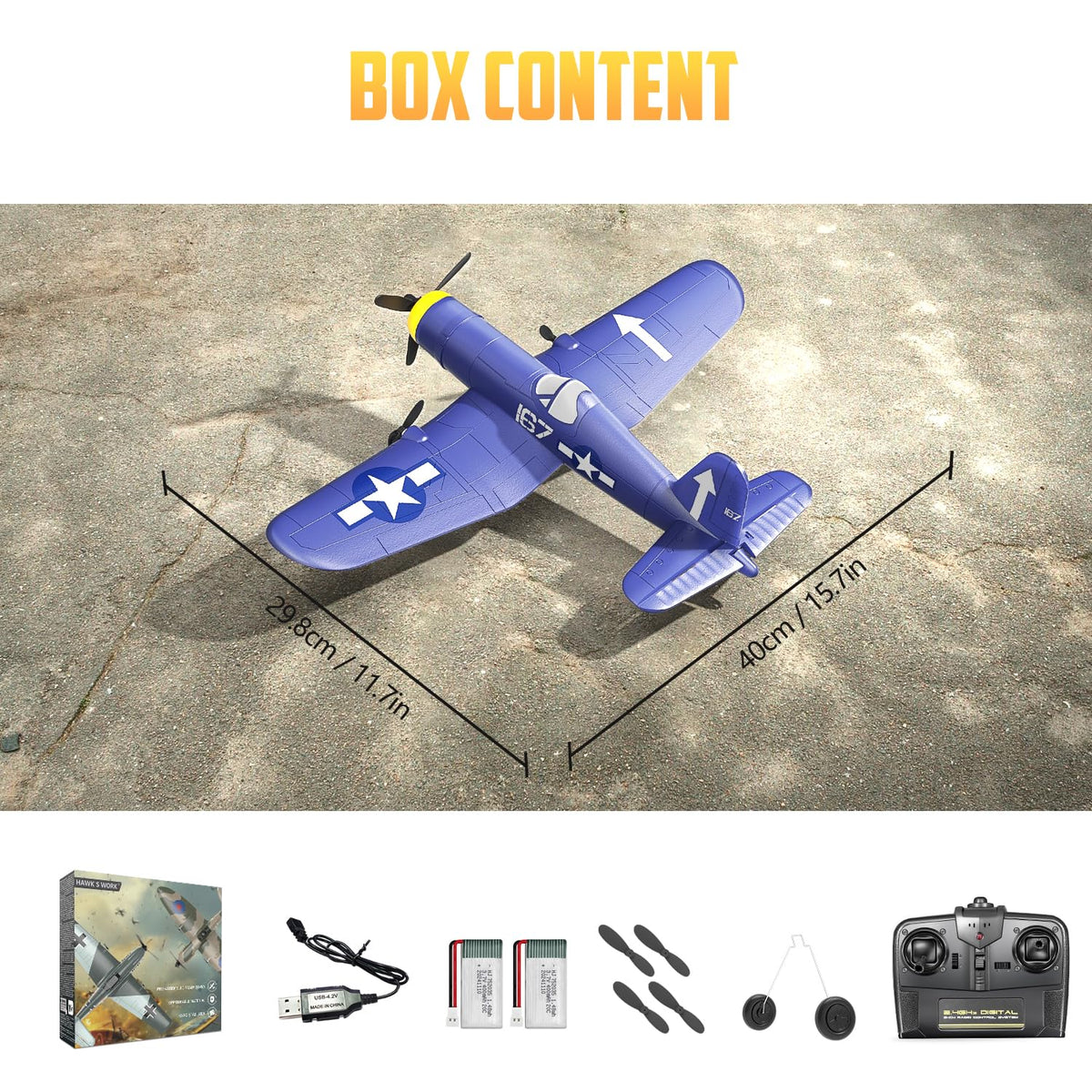 HAWK'S WORK F4U Corsair dual motors with two batteries extend flight time.