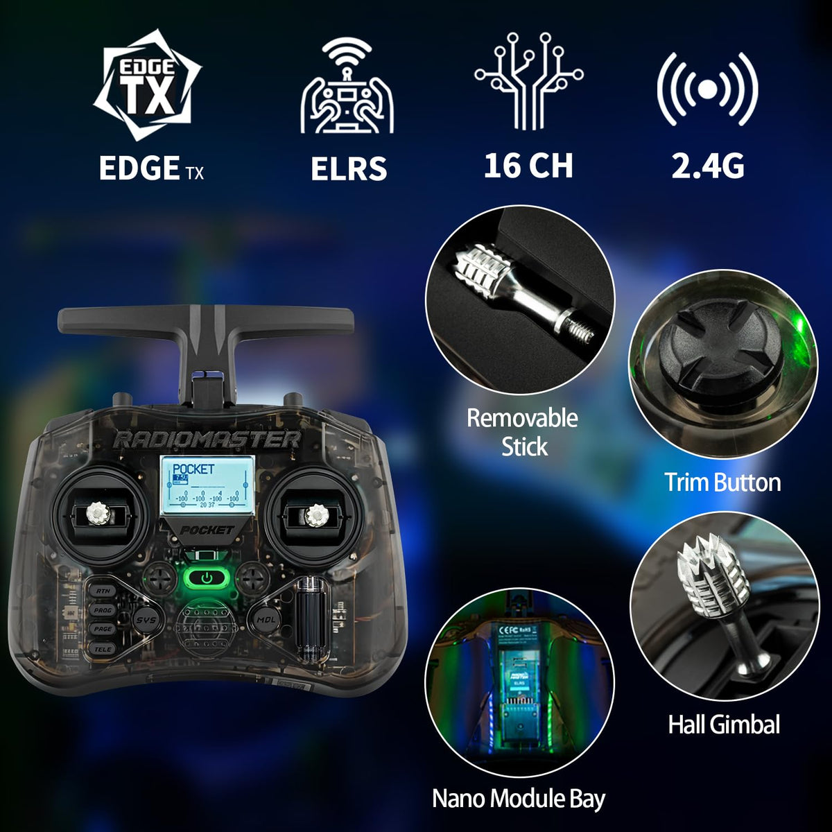 HAWK'S WORK Radiomaster Pocket shows LED indicators for input visibility
