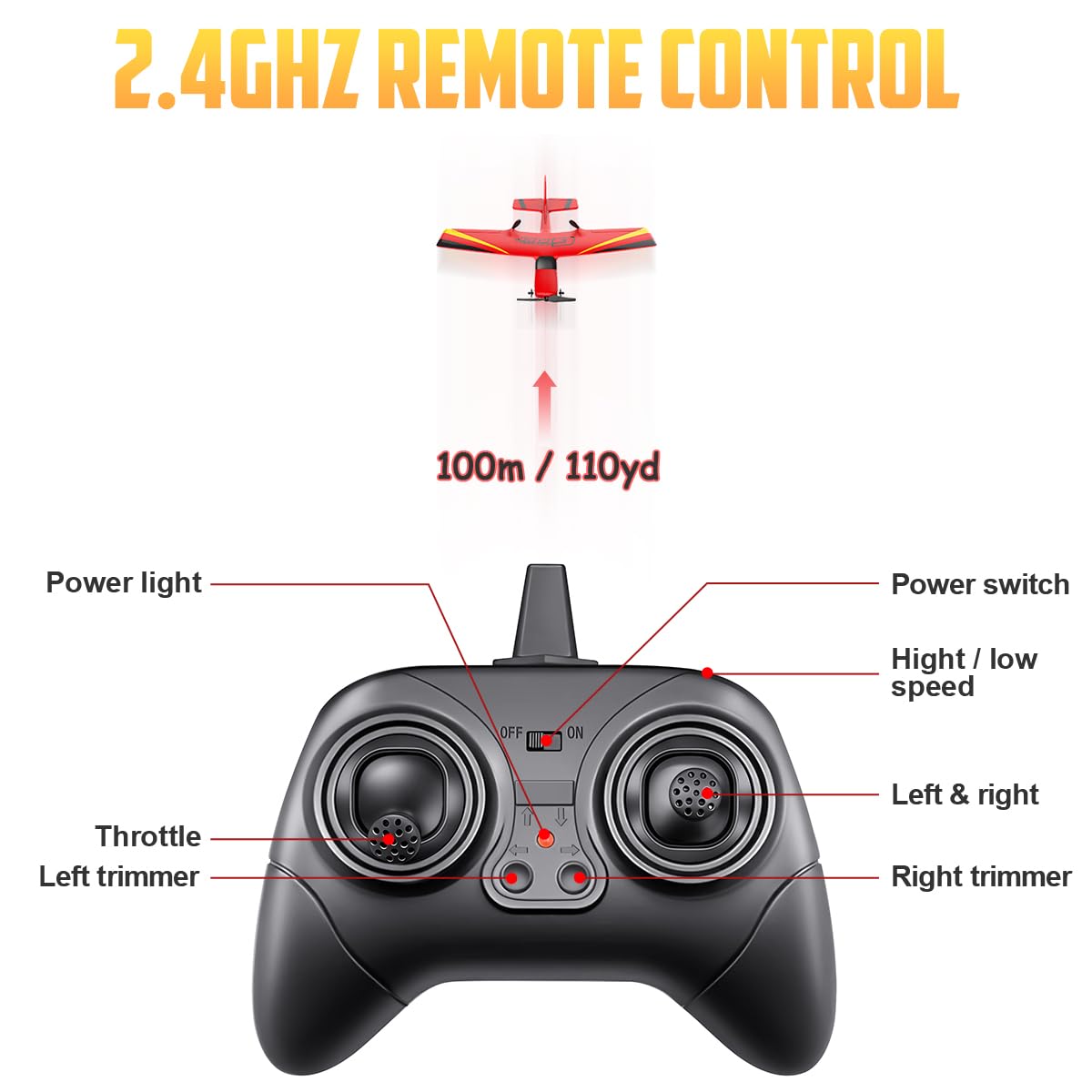 HAWK'S WORK remote showing four-direction control for easy maneuvering.