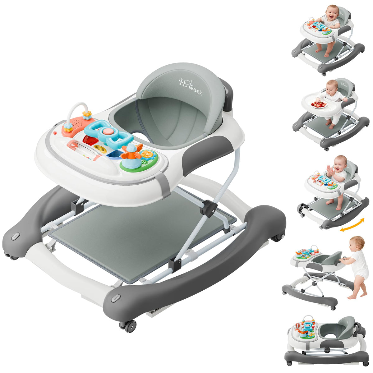 HAWEEK 5-in-1 foldable baby walker in gray supports safe walking practice.