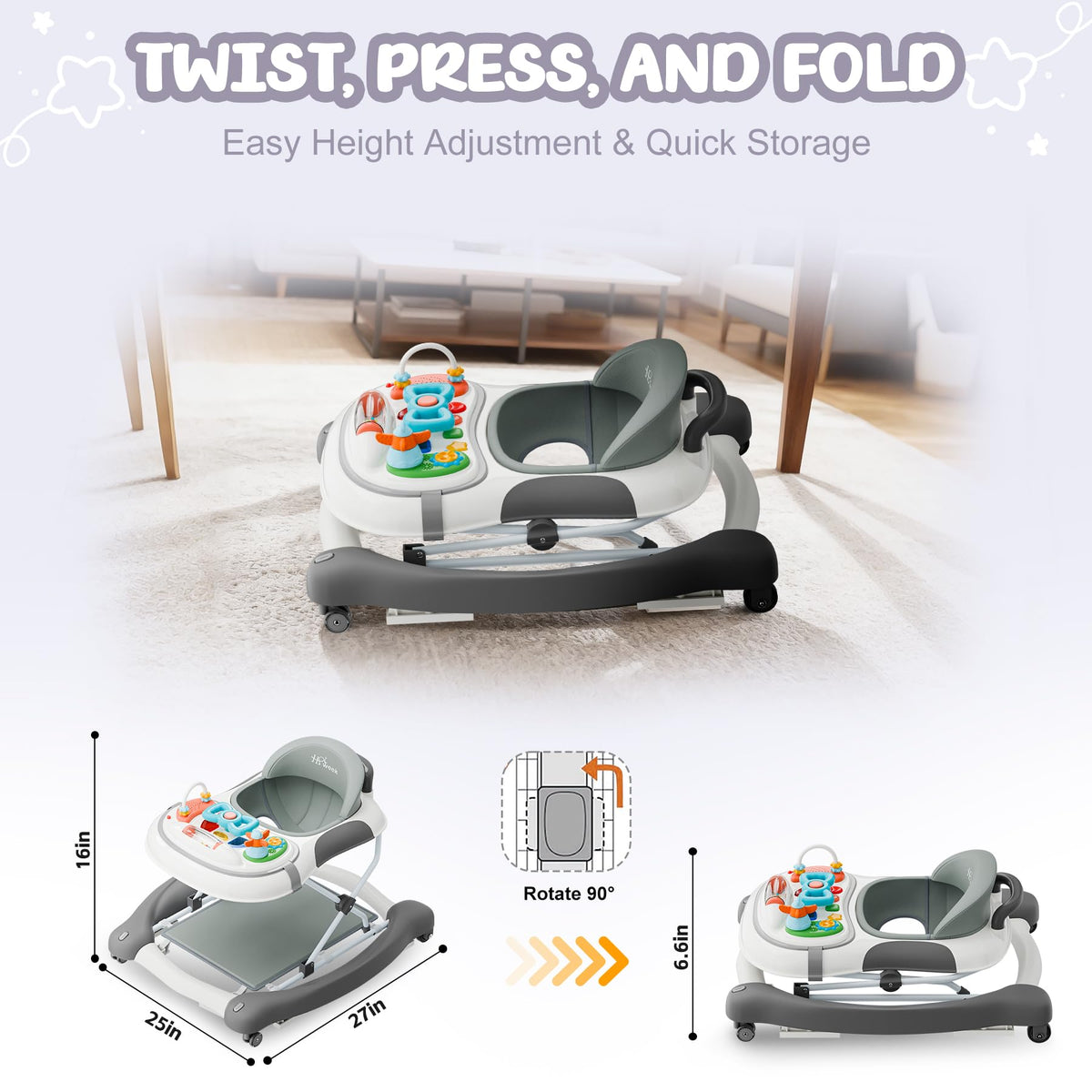 HAWEEK walker offers three adjustable seat heights for growing babies.
