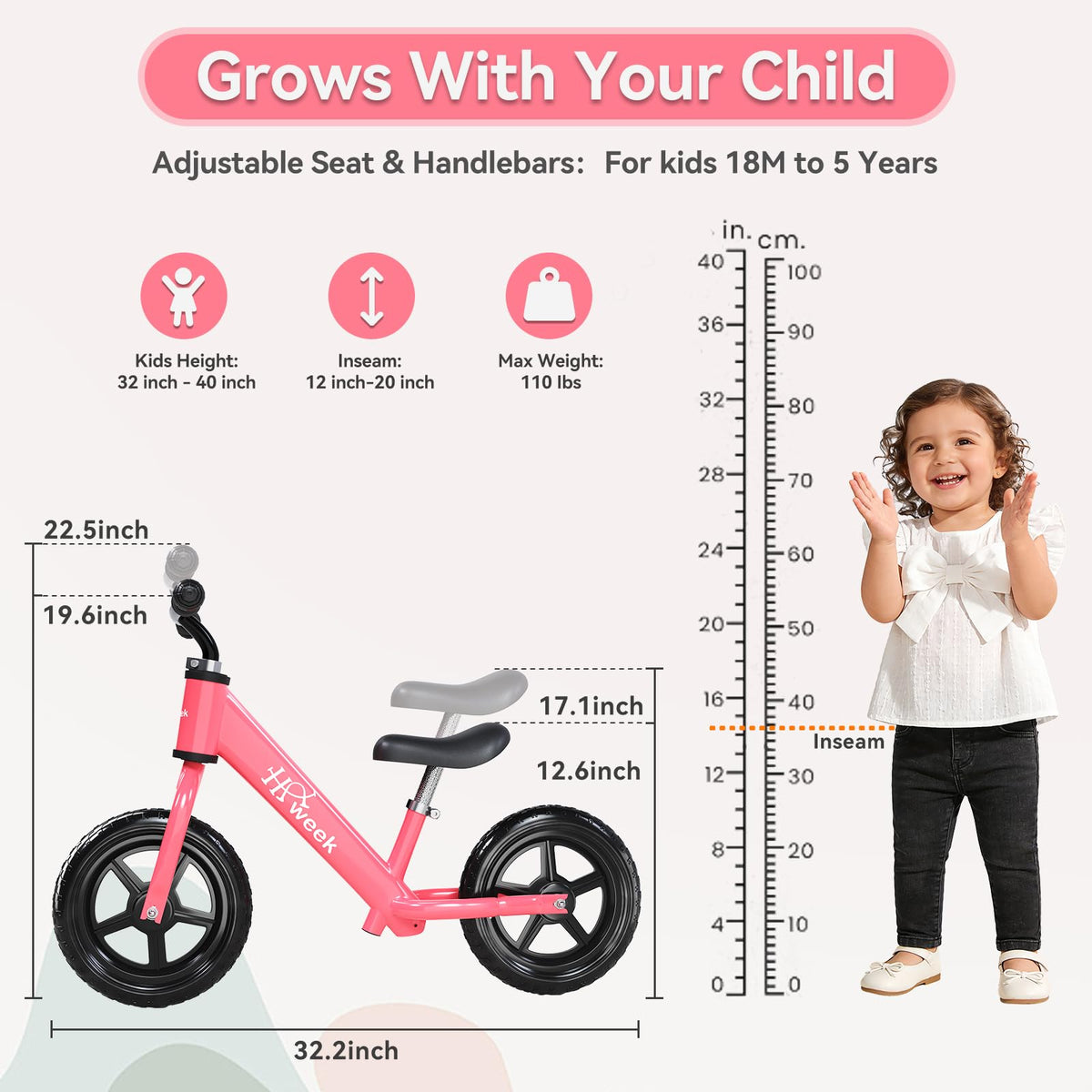 HAWEEK balance bike with ergonomic pink handlebar supports comfortable steering.