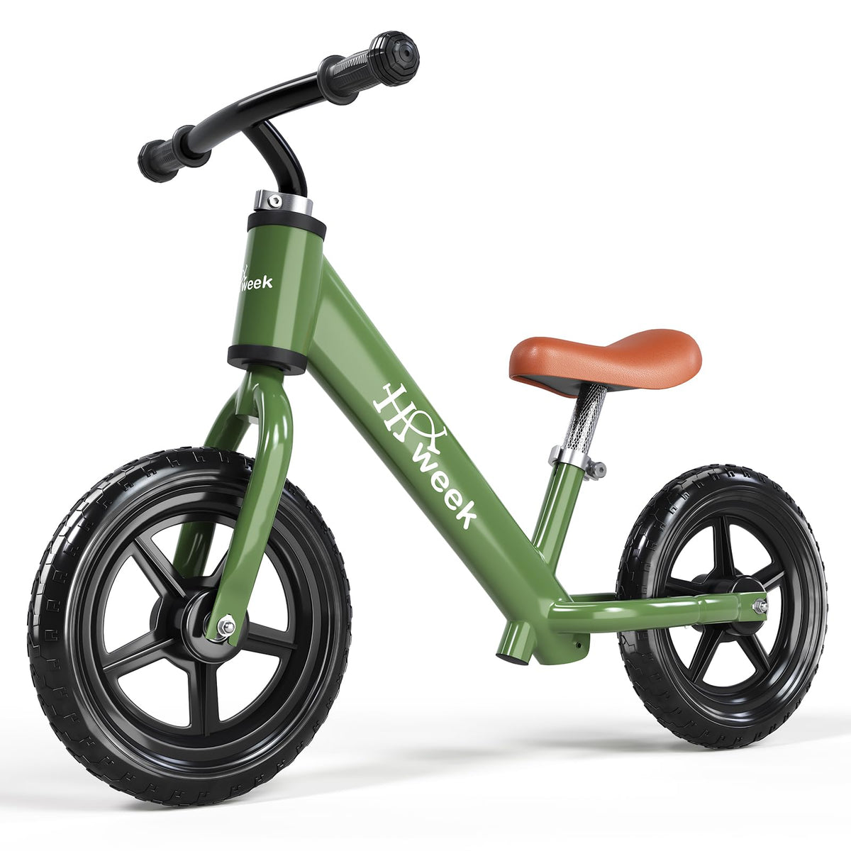 HAWEEK toddler balance bike in green with 12-inch wheels for safe indoor and outdoor practice