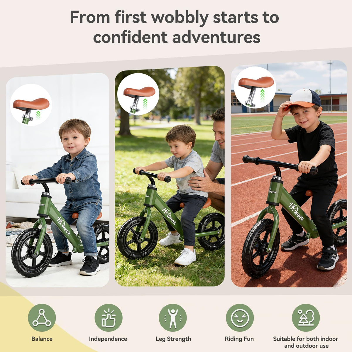 HAWEEK balance bike green with EVA tires for durable, smooth rides