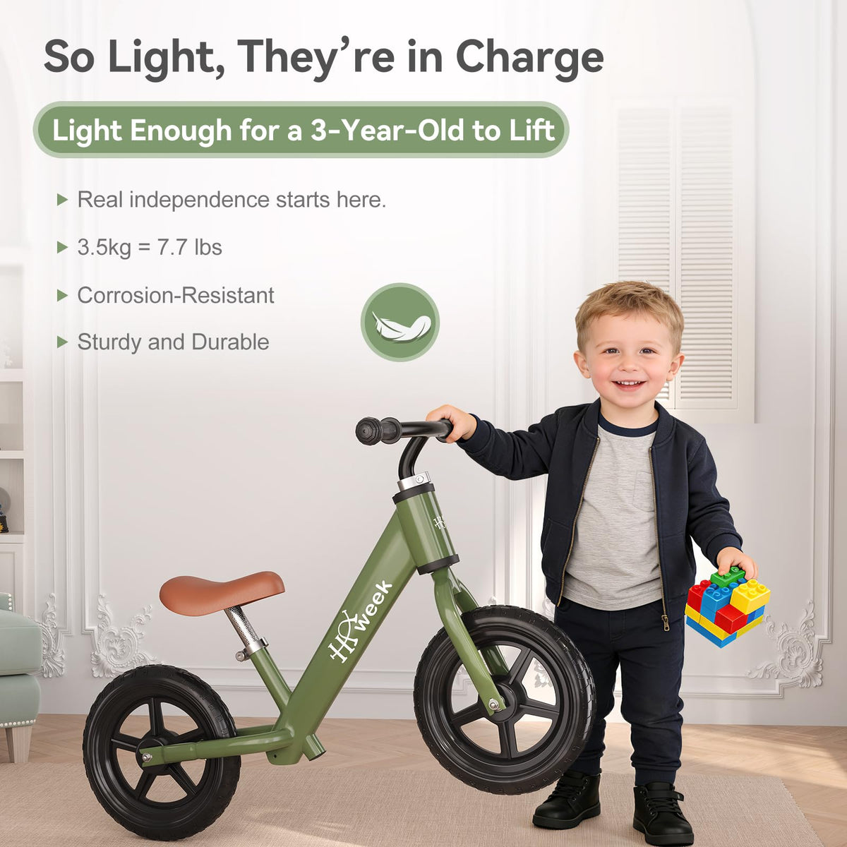 HAWEEK balance bike green showing adjustable handlebar for growing riders