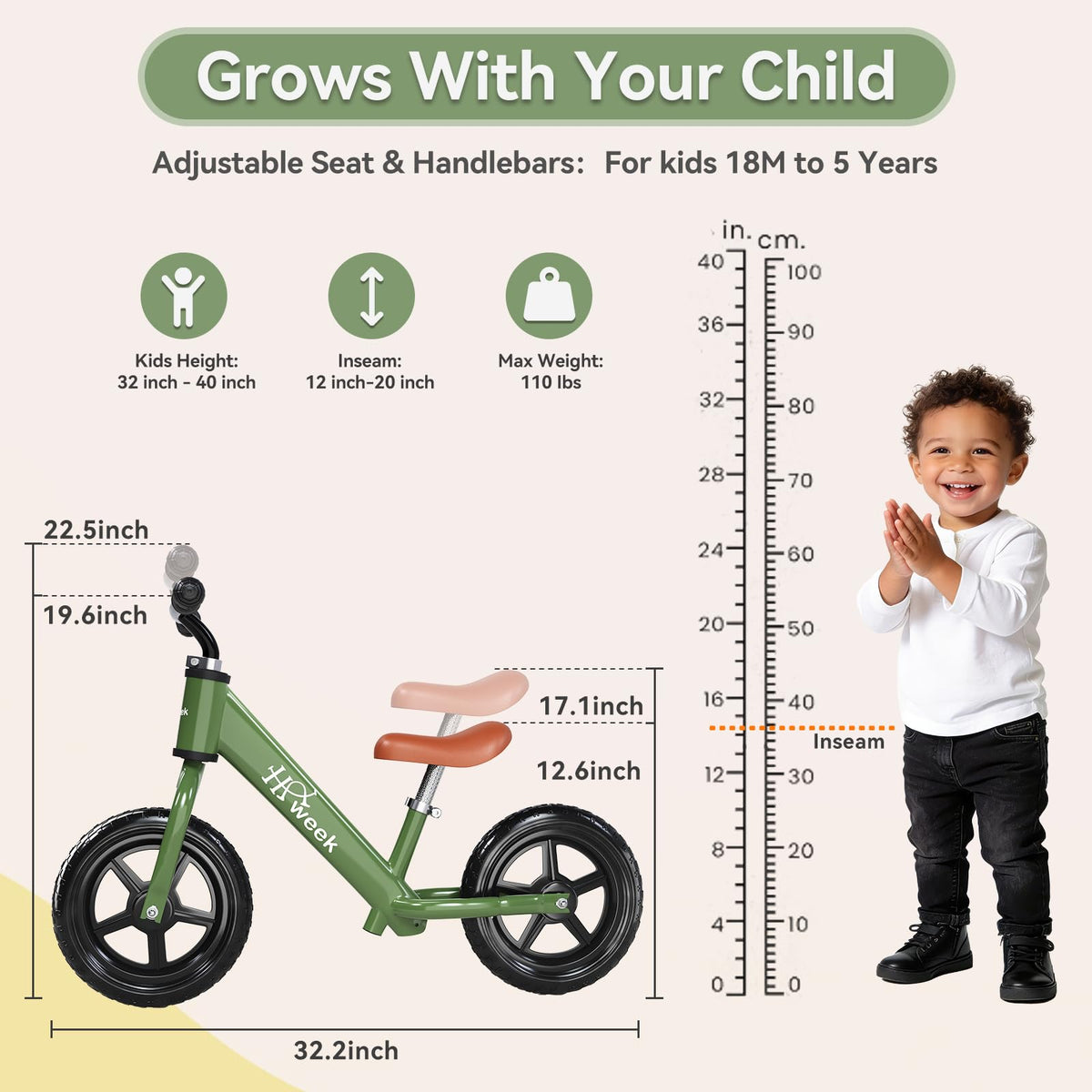 HAWEEK balance bike green showing adjustable seat for growing children