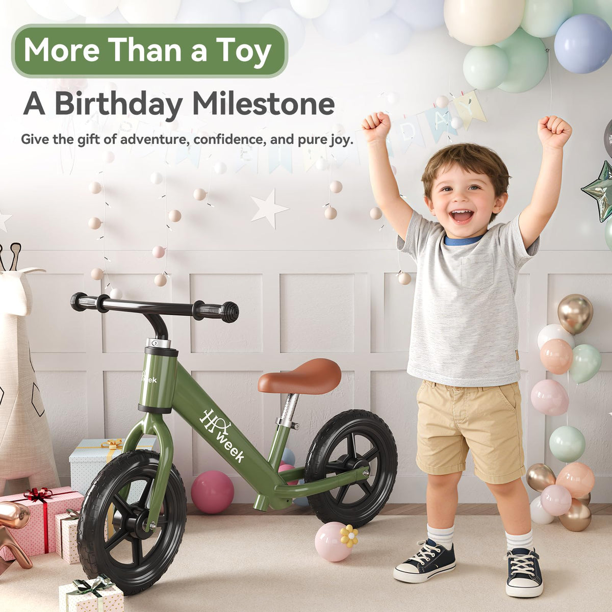 HAWEEK balance bike green with split design for easy storage and portability