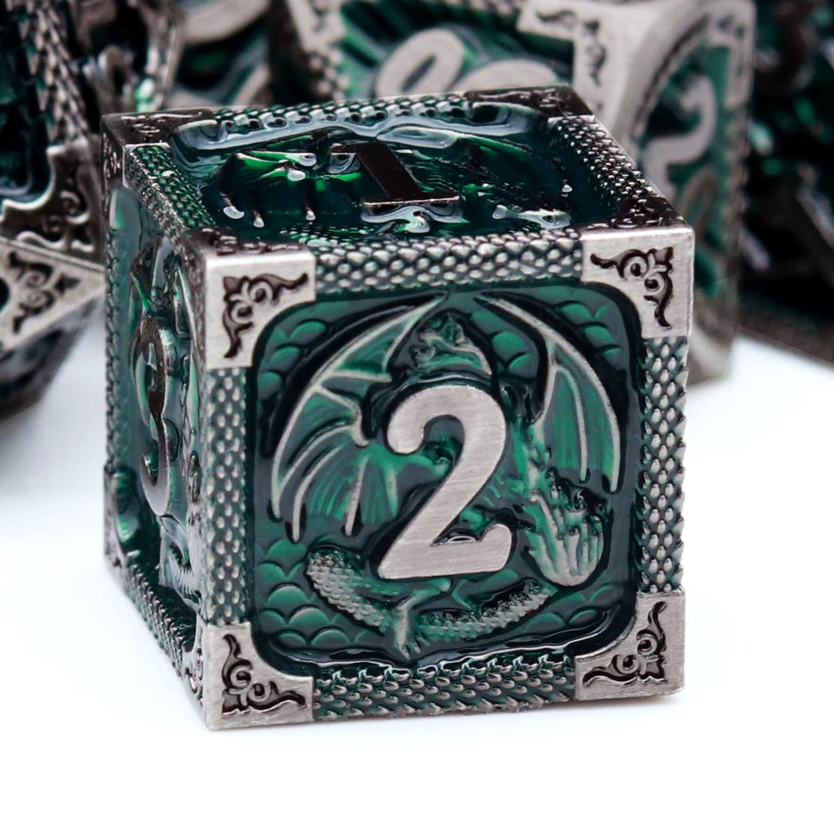 Haxtec antique-iron green dice set with dragon design for immersive Dungeons & Dragons sessions