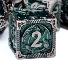 Haxtec antique-iron green dice set with dragon design for immersive Dungeons & Dragons sessions