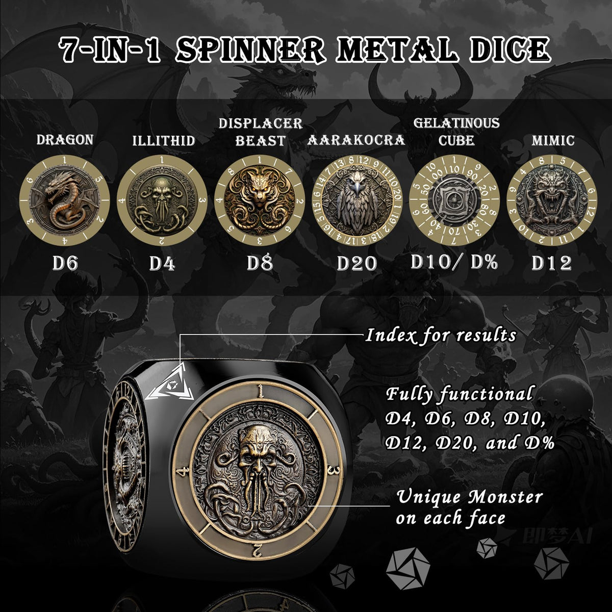 Haxtec spinner dice Dragon side enhances dramatic fantasy visuals at the table