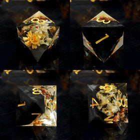 Haxtec DND seven-piece dice set, vivid numbers glow against dark translucent petals.