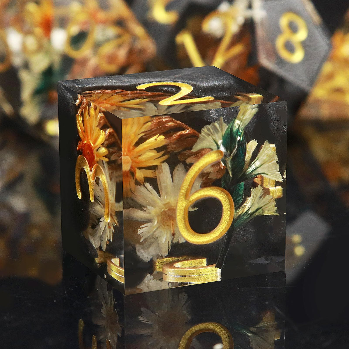 Haxtec Flower DND dice set — top view highlighting the vibrant floral resin for eye-catching rolls.