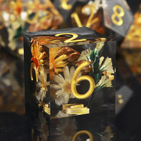 Haxtec Flower DND dice set — top view highlighting the vibrant floral resin for eye-catching rolls.