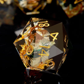 Haxtec Flower DND dice set, close-up of flower inside clear epoxy for a premium look.