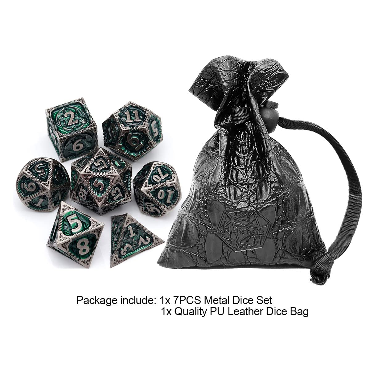 Haxtec green dragon dice detail with metal finish enhances dramatic table presence