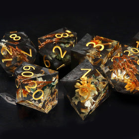 Haxtec resin dice, epoxy floral design catching light with every roll.