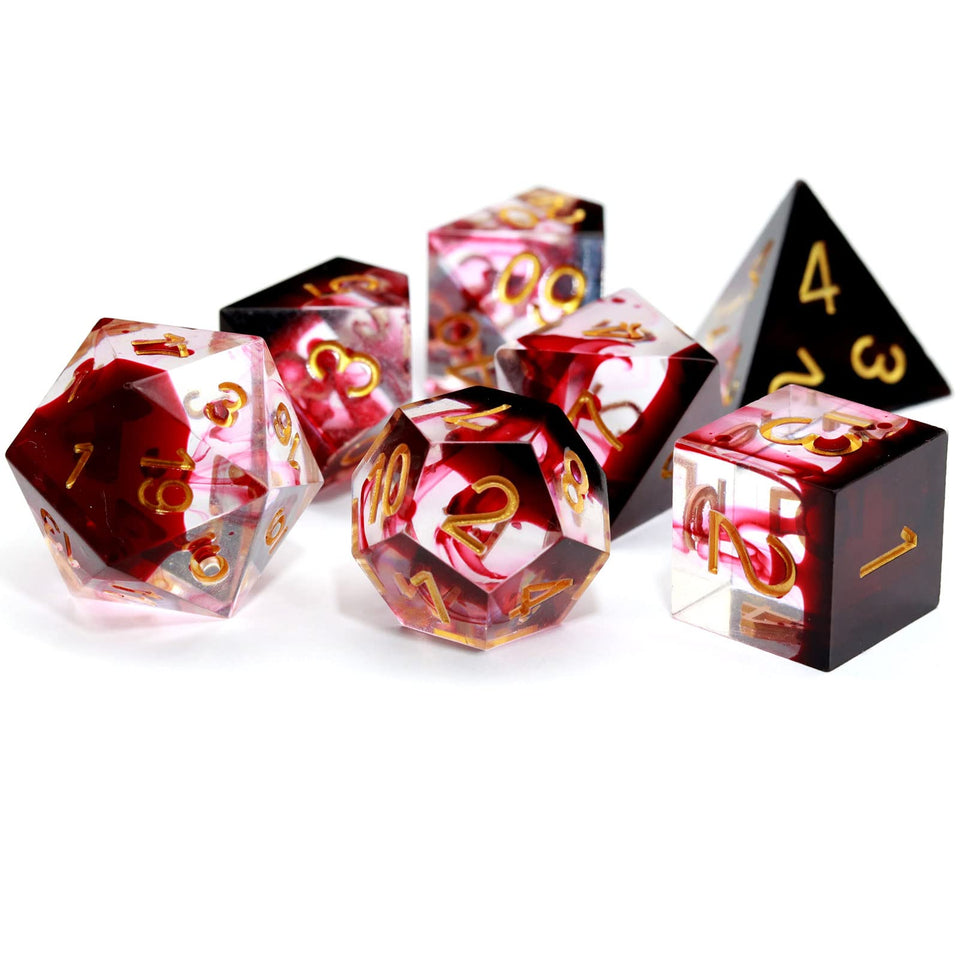 Haxtec sharp edge DND dice with red blood swirl for immersive RPG sessions.