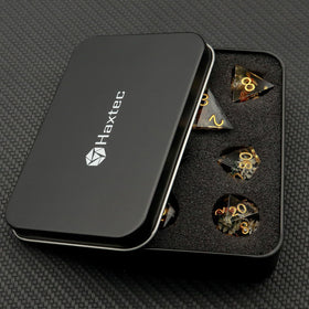 Haxtec winter black floral dice set, layered petals under glassy resin.