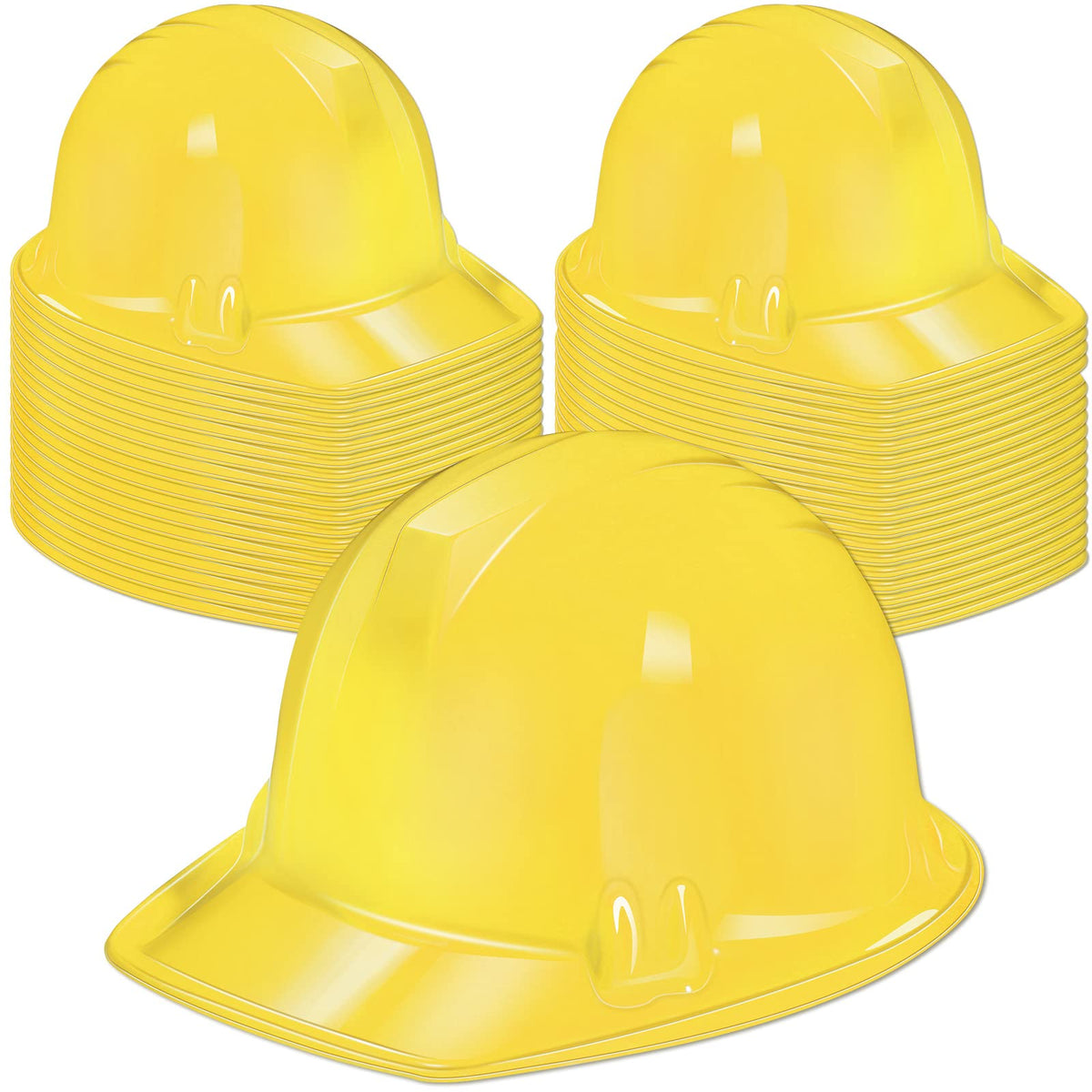 Haysandy yellow plastic construction hat close-up, ideal party dress-up accessory.
