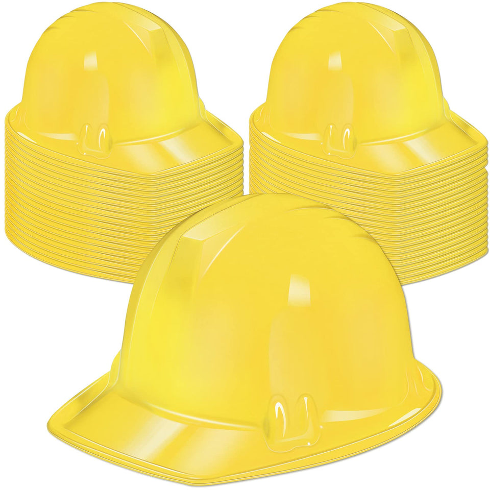 Haysandy yellow plastic construction hat close-up, ideal party dress-up accessory.