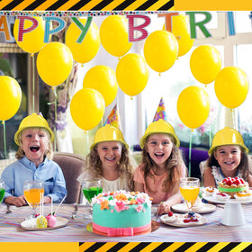 Haysandy yellow plastic hats worn by kids, comfortable and lightweight for play.