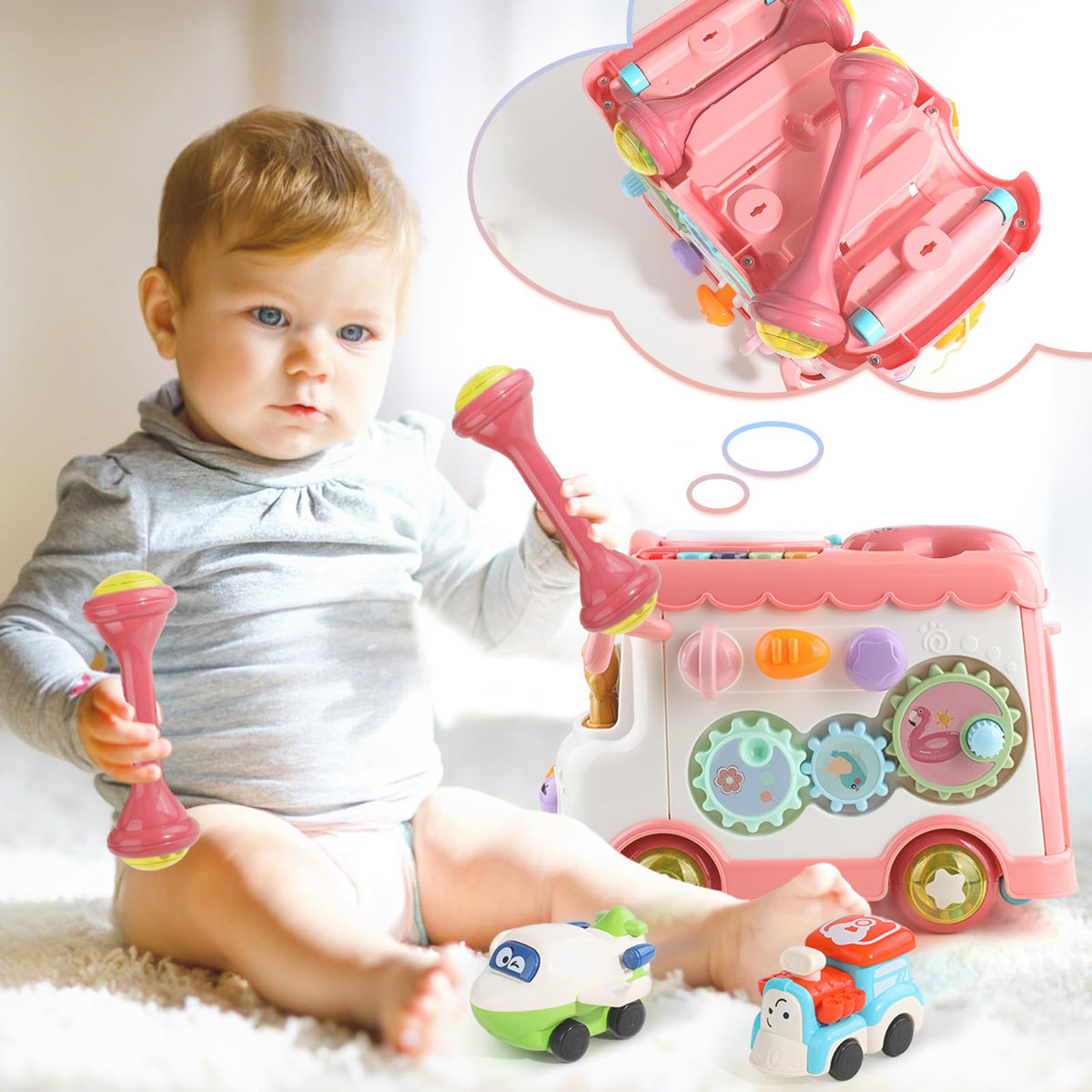 HAYXUN Montessori bus gift packaging with toys for birthdays and holidays.