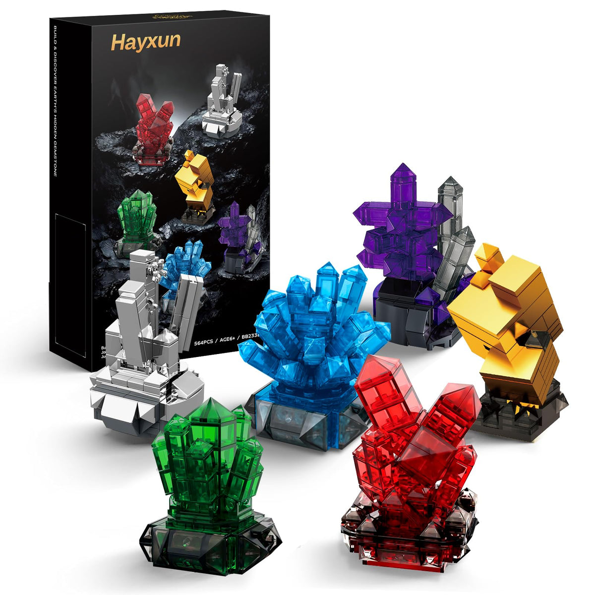 HAYXUN gemstone building blocks kit packaging highlights the 564-piece set for gifting.
