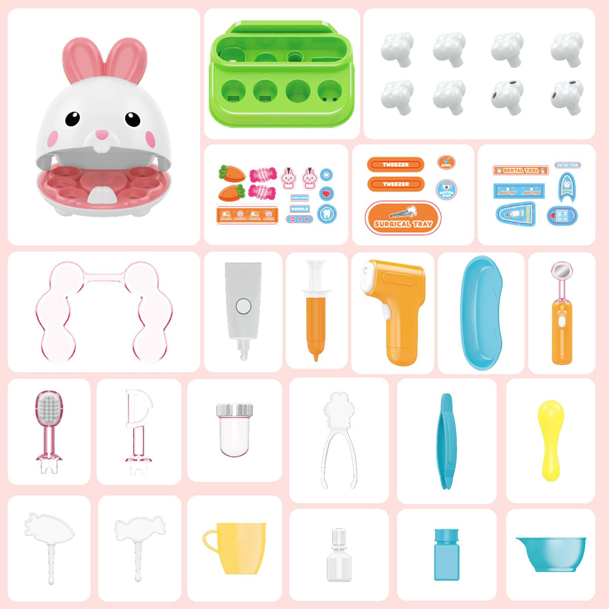 HAYXUN medical tray and tweezers help organize pretend checkups.