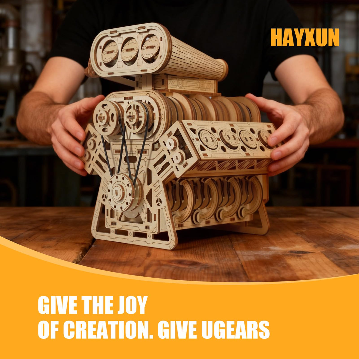 HayXUN V8 engine laser-cut wood construction emphasizes clean joins and sturdy build.