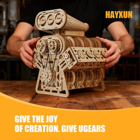 HayXUN V8 engine laser-cut wood construction emphasizes clean joins and sturdy build.