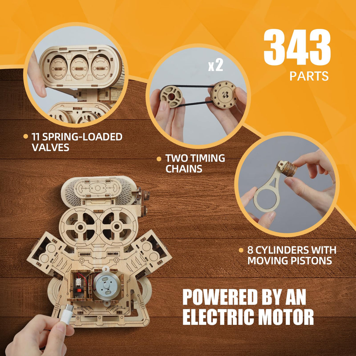 HayXUN V8 engine pistons in motion illustrate internal engine movement for visual learning.