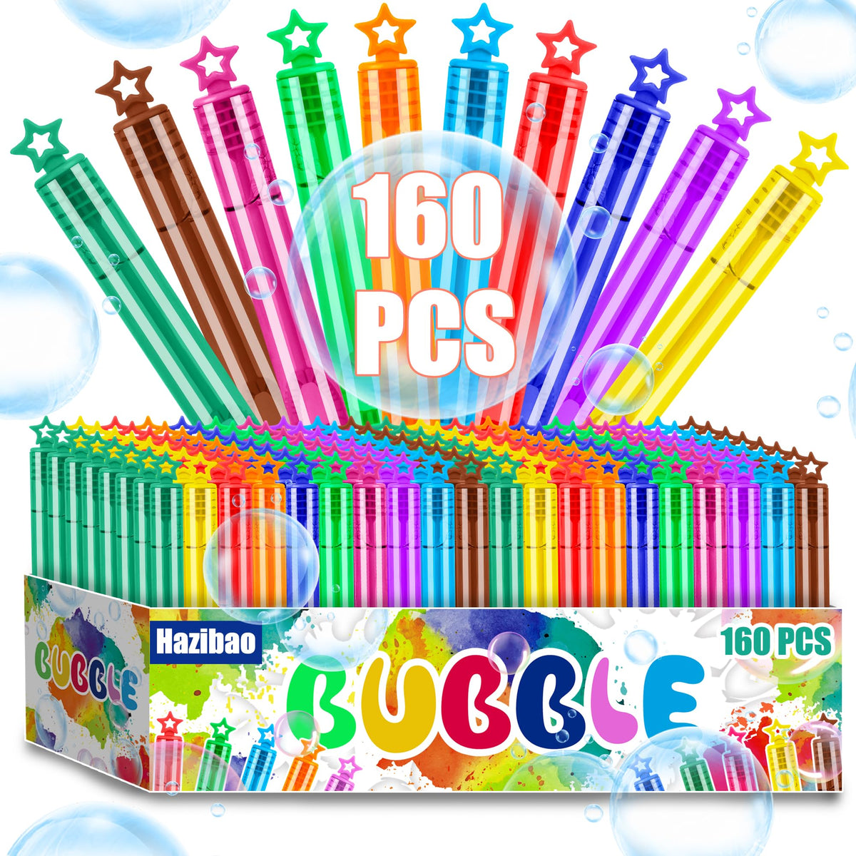 Hazibao 160-piece star bubble wand set for party favors and group play.