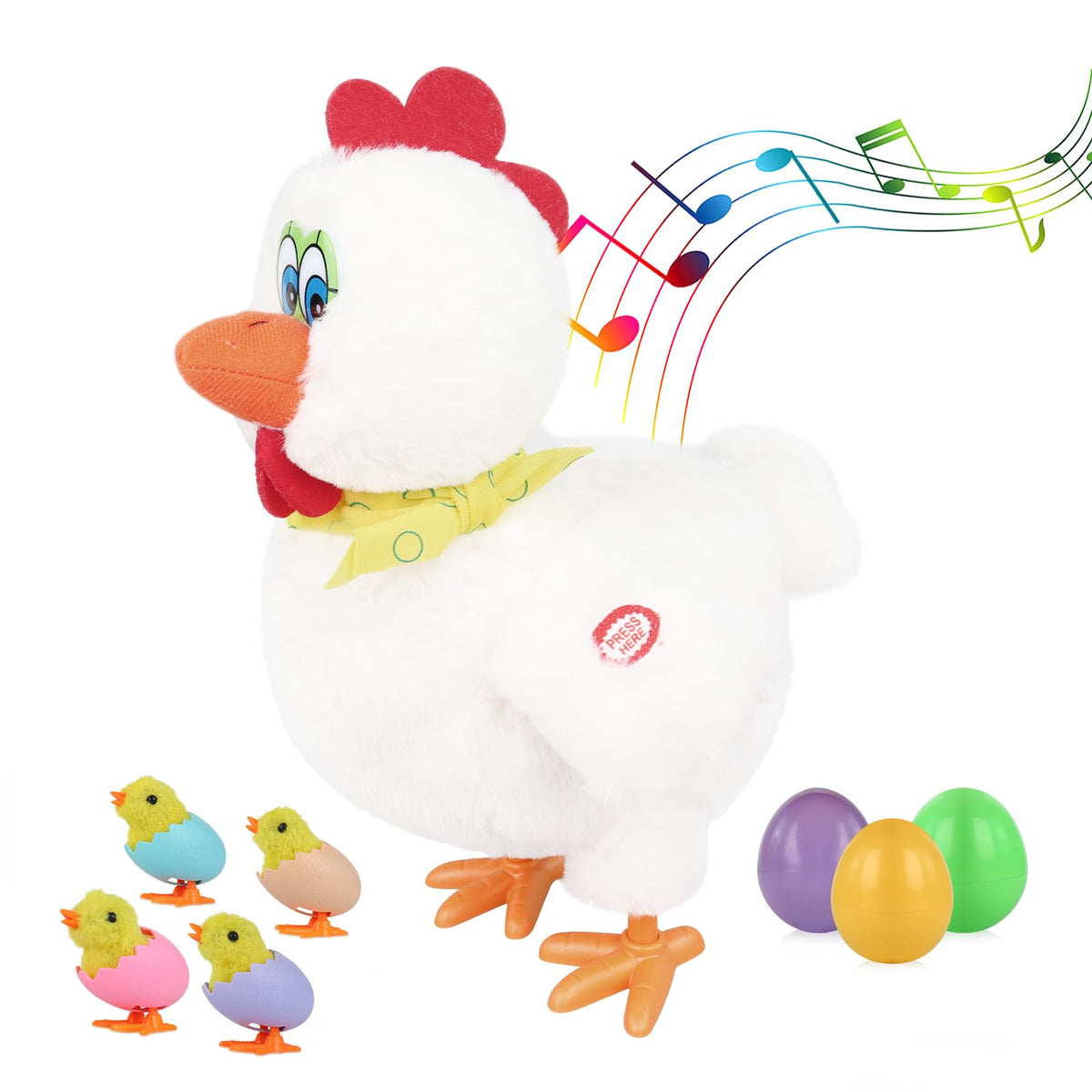 hbbhml plush electric laying egg chicken toy front view, soft and cuddly for Easter play