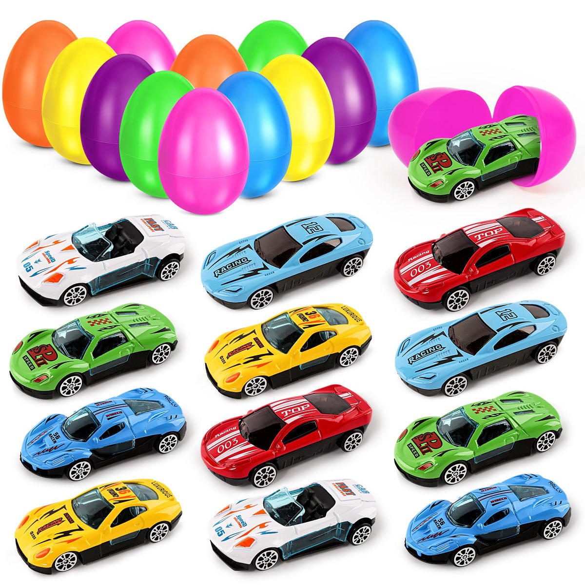 Hbjnnug 12-pack prefilled Easter eggs with vibrant colors for a festive egg hunt