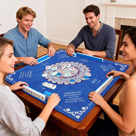 HBLEDOT Mahjong Mat dark blue close-up shows durable surface.