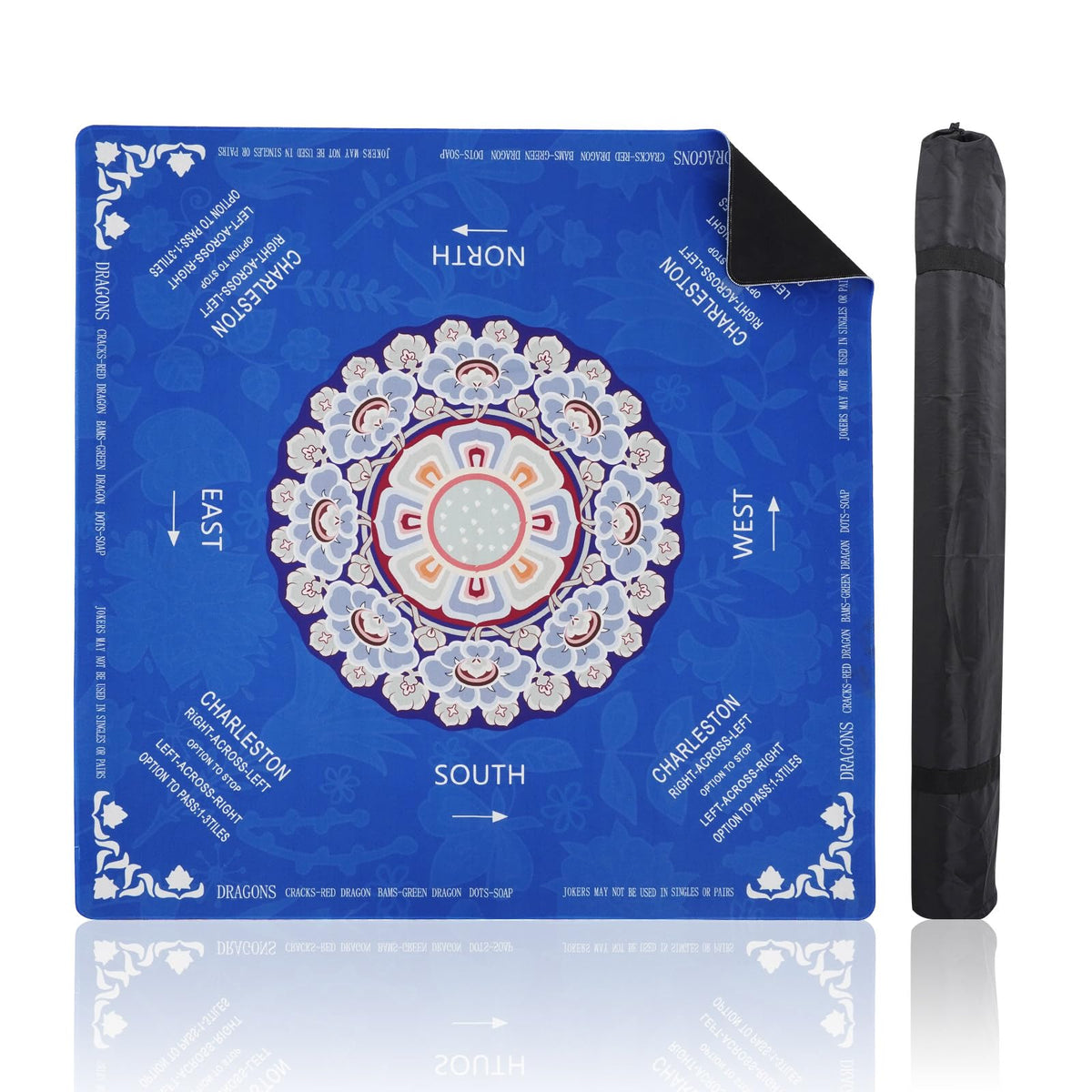HBLEDOT Mahjong Mat in dark blue folded in carrying bag for easy transport.