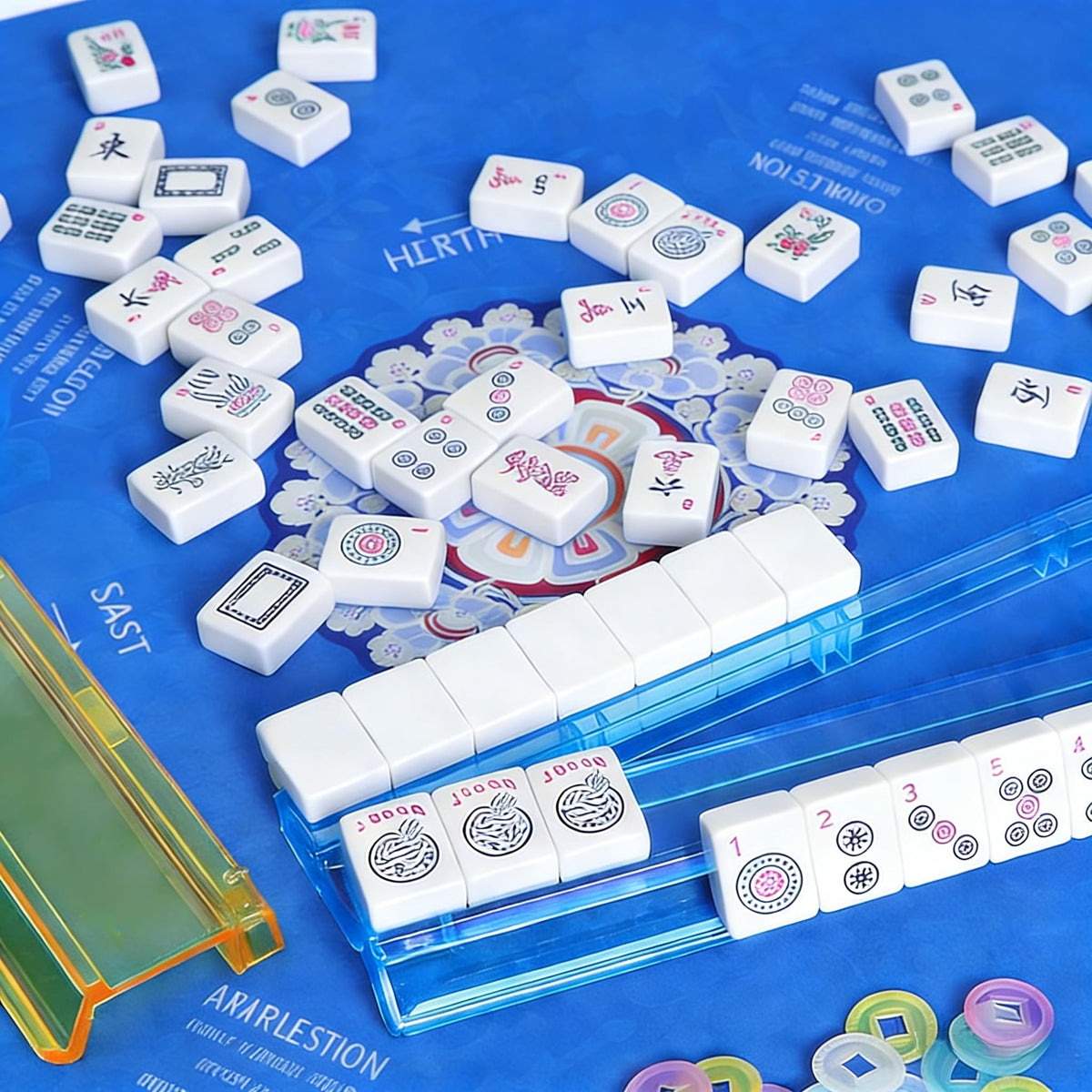 HBLEDOT mahjong racks showing six included dice for quick setup