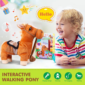 HCdoujoy brown walking pony dancing motion highlights interactive movement synchronized with music for engagement.