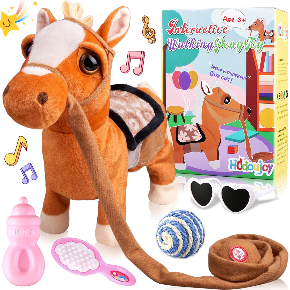 HCdoujoy brown walking pony front view shows soft plush and kid-friendly playtime appeal.
