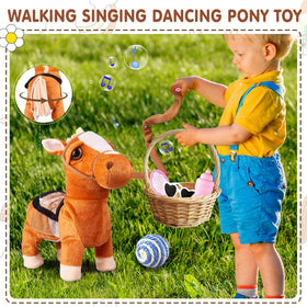 HCdoujoy brown walking pony singing feature demonstrates entertaining melodies during imaginative play.