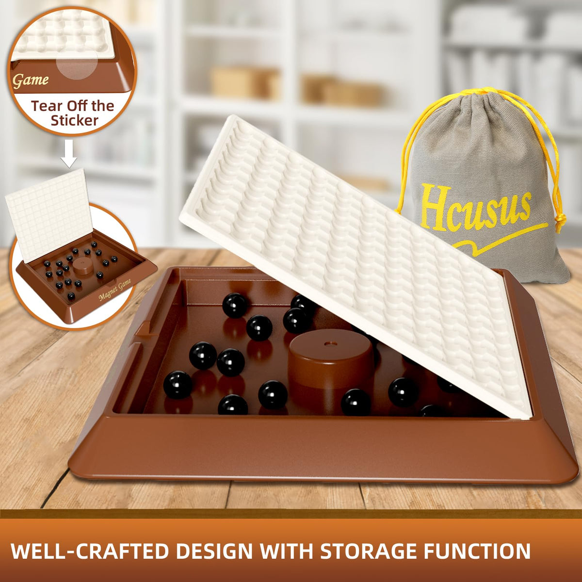 Hcusus magnet game on flat surface for versatile tabletop fun.