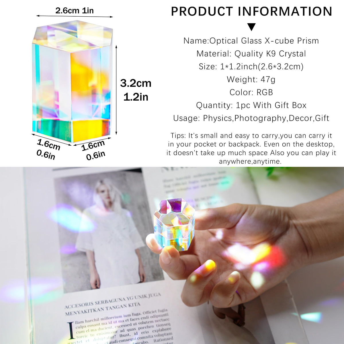 HDCRYSTALGIFTS crystal cube 1.2-inch prism for precise optics experiments.