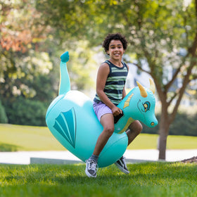Blue dragon ride-on toy by HearthSong invites kids to hop and imagine prehistoric adventures