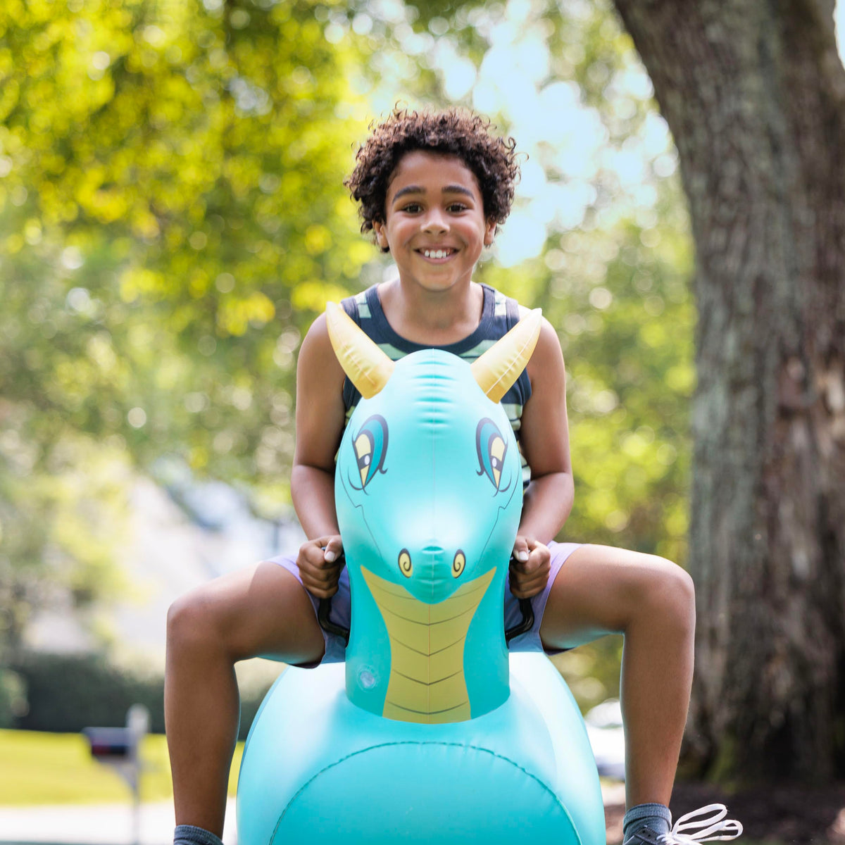 HearthSong durable inflatable blue dragon toy for outdoor fun