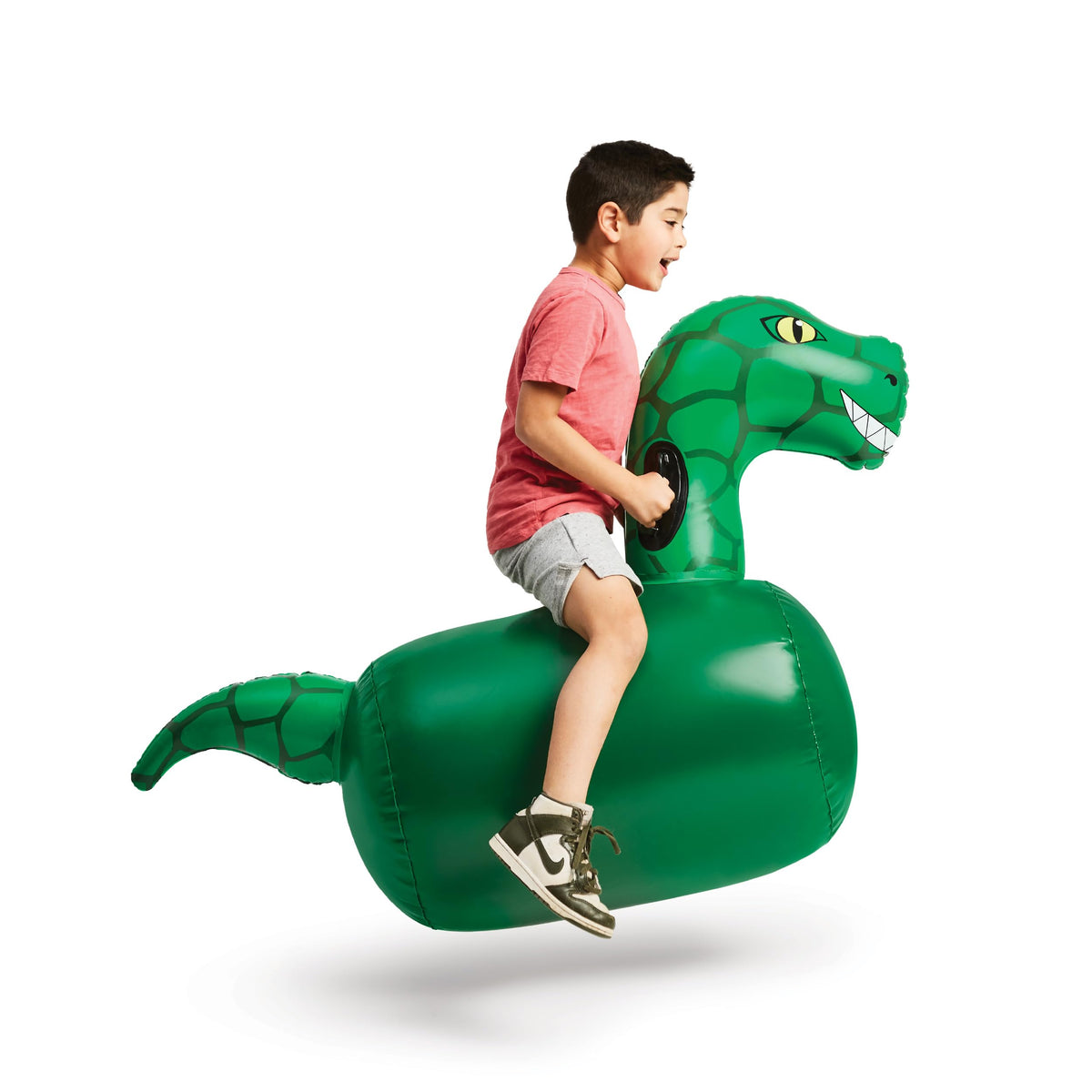 HearthSong Hop N Go dino ride toy in bright colors for outdoor imaginative play.