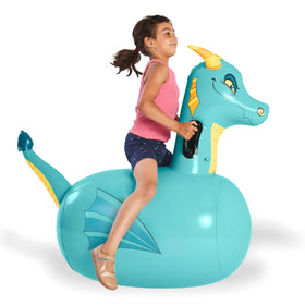 HearthSong Hop N Go inflatable blue dragon bouncy ride for outdoor play and active fun