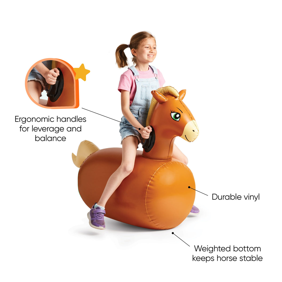 HearthSong Hop N Go inflatable horse, backyard setup, easy to transport for on-the-go fun.